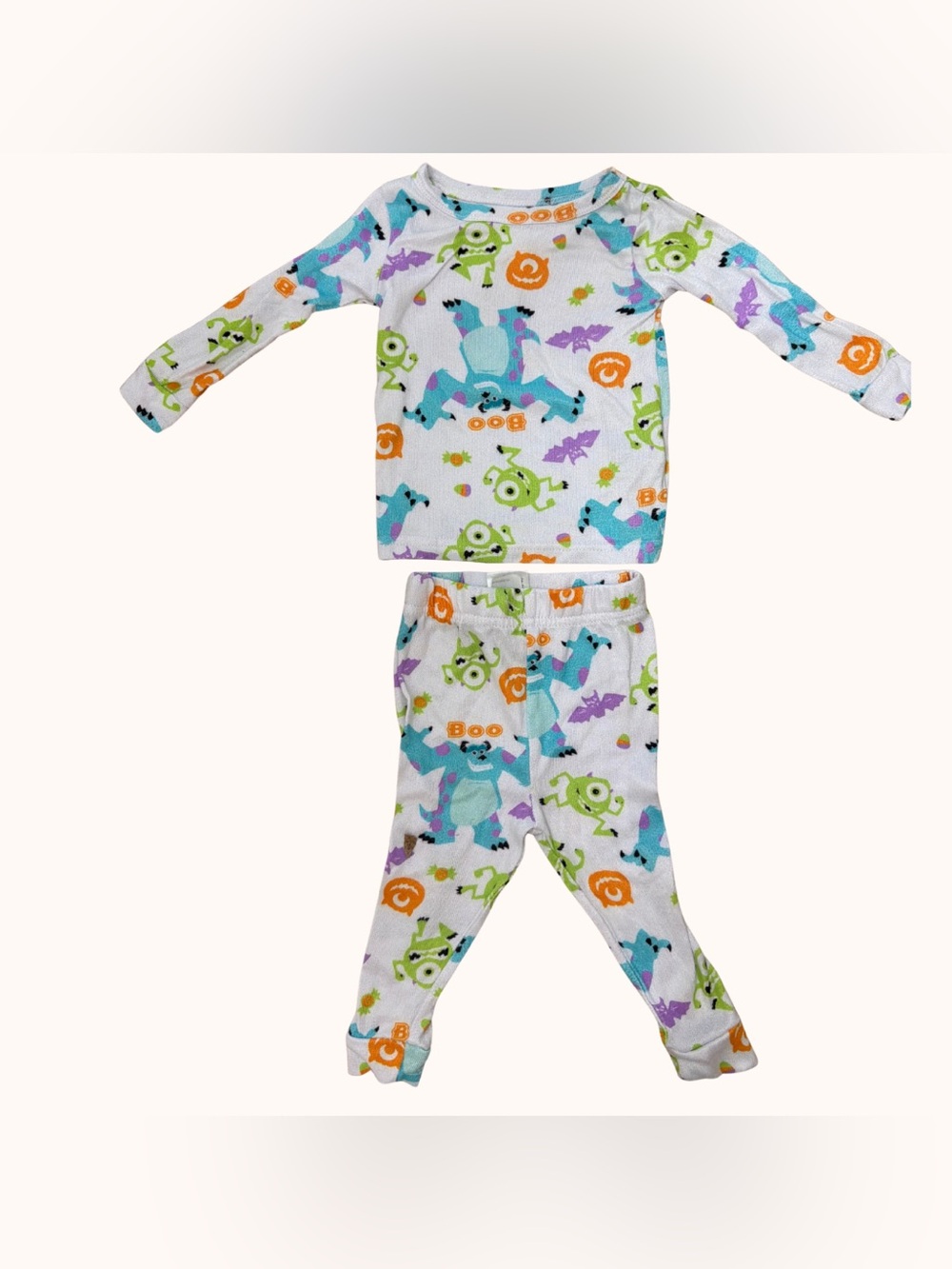 Disney White Monster Print Pajama Set with Blue, Green, Purple, Orange Accents